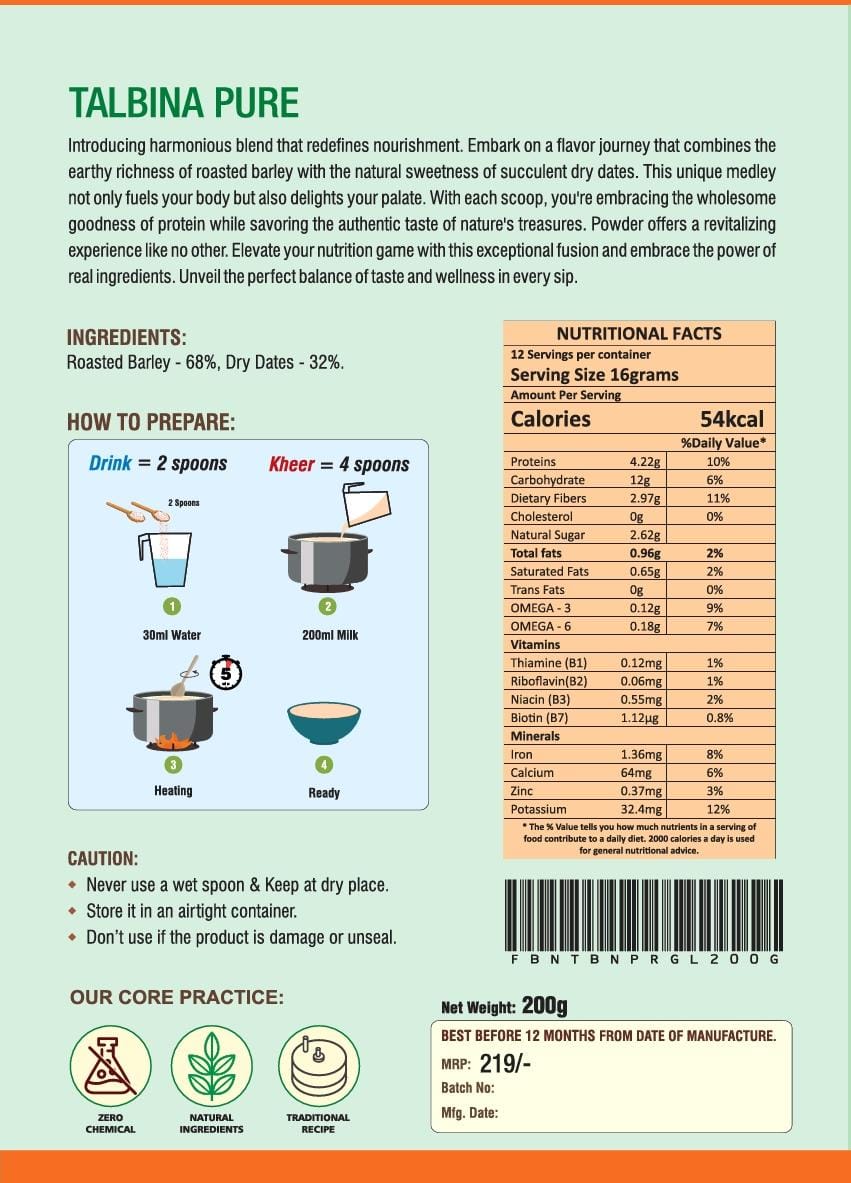 FB Naturals Talbina Pure | Barley Wellness Porridge with Dates | No Added Sugar | Natural Immune Booster | 200g